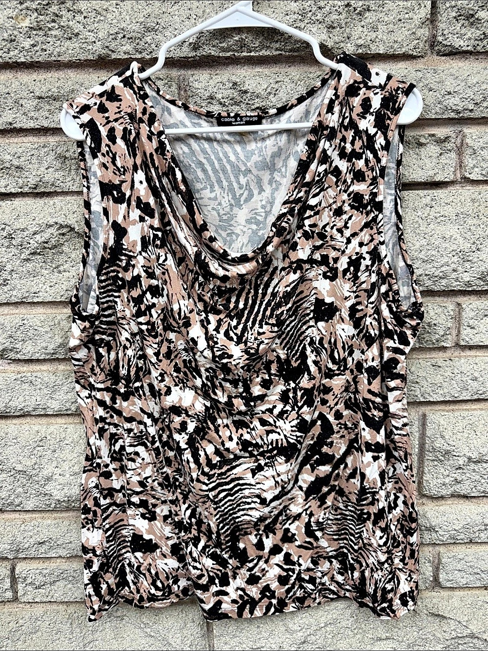 Cable & Gauge Women’s Animal Print Sleeveless Cowl Neck Draped Top